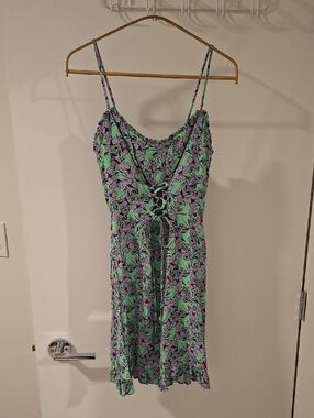 Green & Purple Tropical Floral Ruffle Mini Dress w/ Corset Waist (Size XS/S)